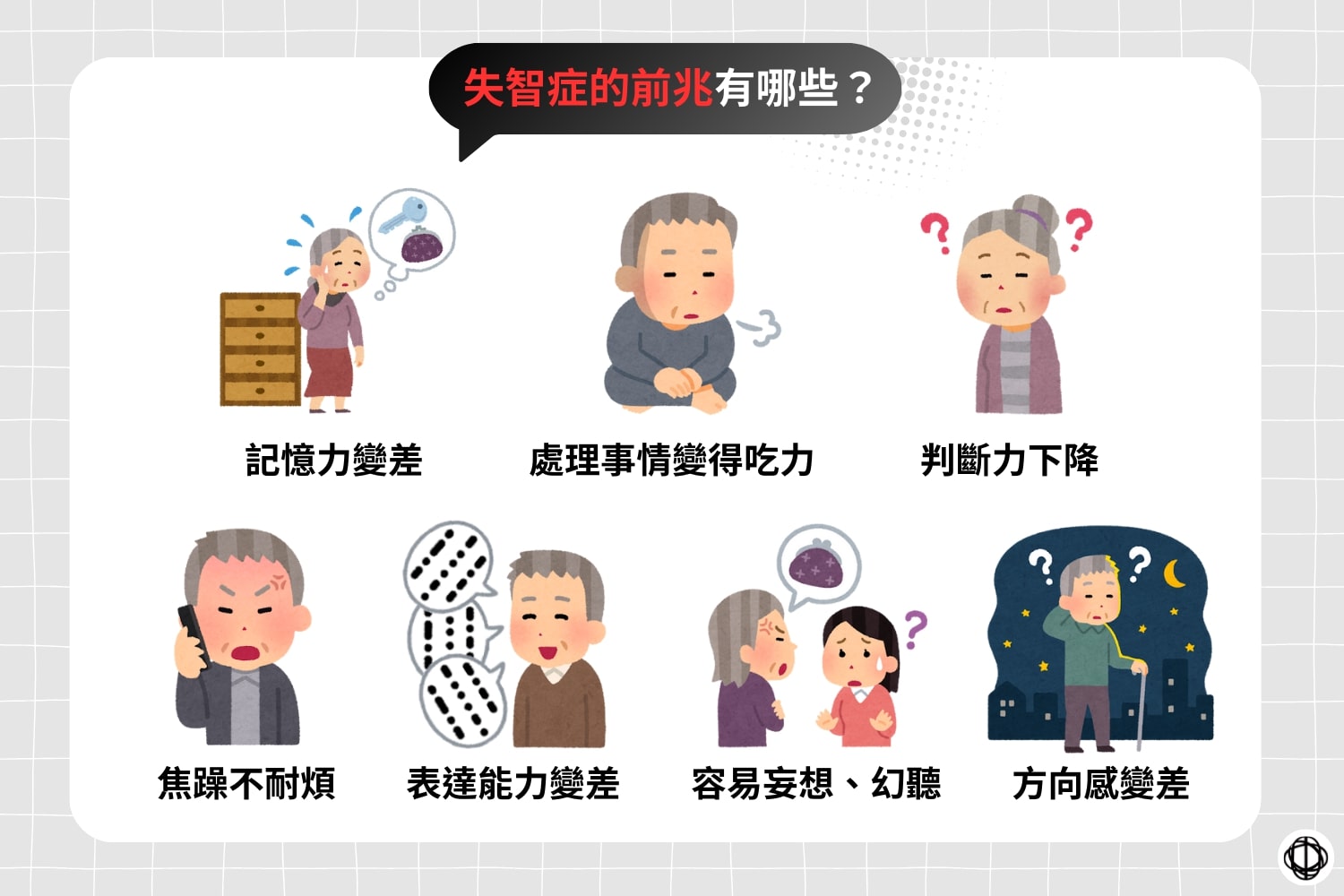 失智症的前兆包括記憶力變差、處理熟悉的事情變得吃力、判斷力下降、焦躁不耐煩、表達能力變差、容易出現妄想、幻聽，以及方向感變差。