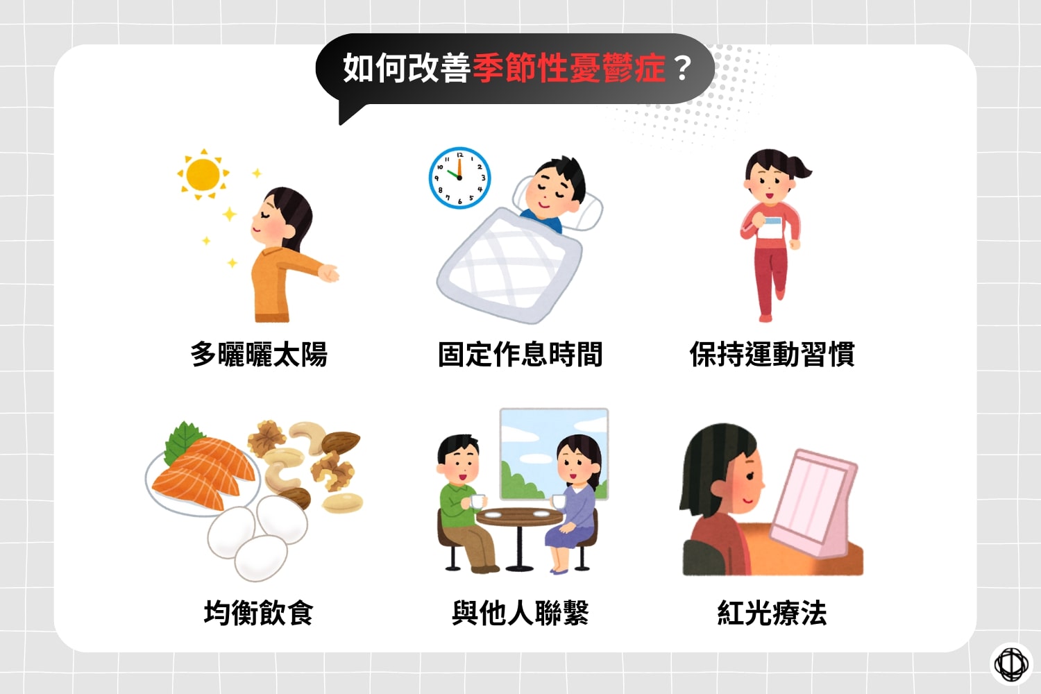 改善季節性憂鬱症的方法包括多曬曬太陽、固定作息時間、保持運動習慣、注意飲食、與他人聯繫，以及紅光療法。